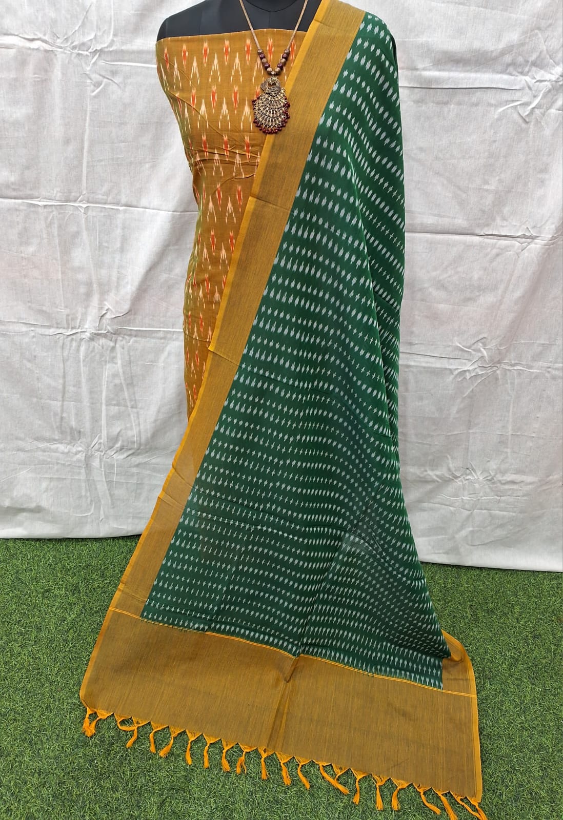 Green Mustard Cotton Ikat Dress Material – Artisan Handwoven Fabrics for Wholesale Buyers